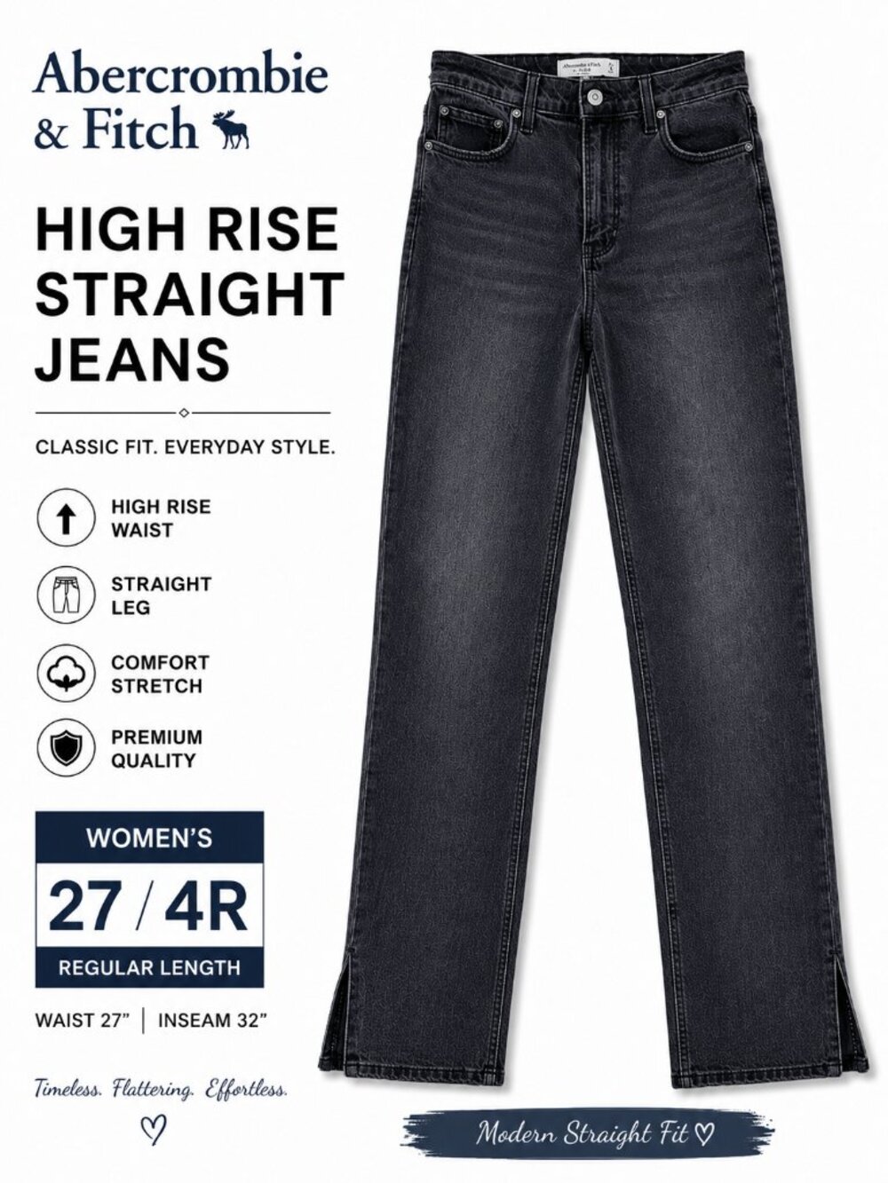 Abercrombie 90s Straight Jeans 🖤 Ultra High Rise Raw Hem Size 27 Extra Long